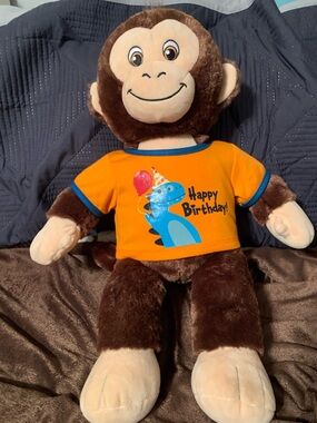 Build-A-Bear Brown Monkey in Orange Tee with Blue Dino Graphic